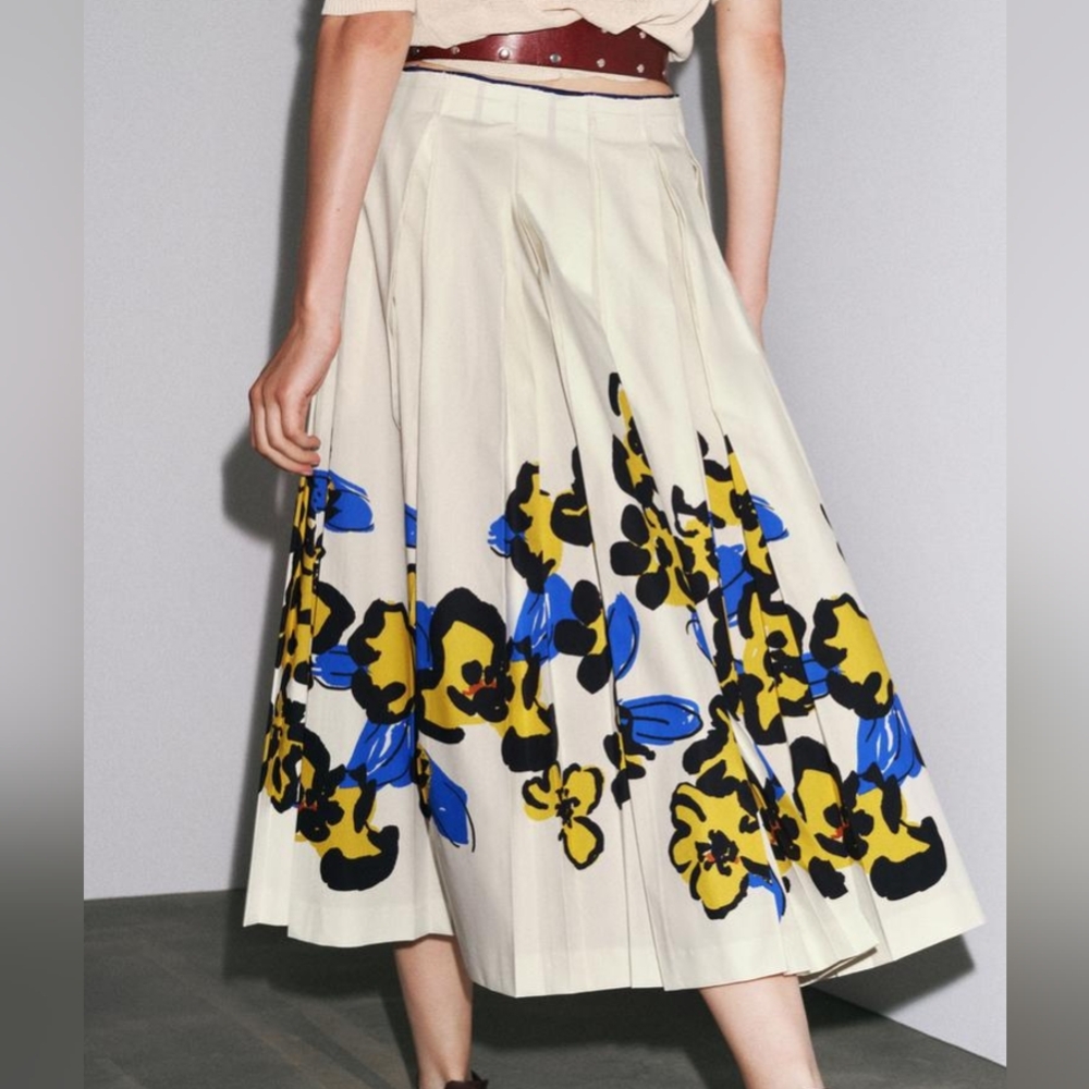 Zara Printed Pleated Midi Skirt Zw Collection Ecru/floral Blue Yellow BNWT - Picture 7 of 16
